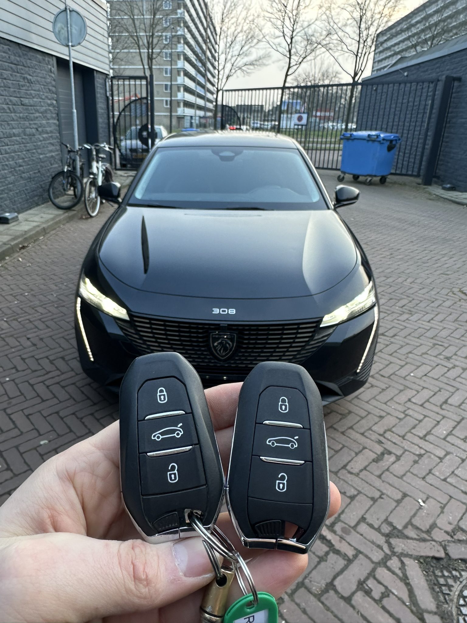 Twee Peugeot-smartkeys in de hand, met de zwarte Peugeot 508 op de achtergrond